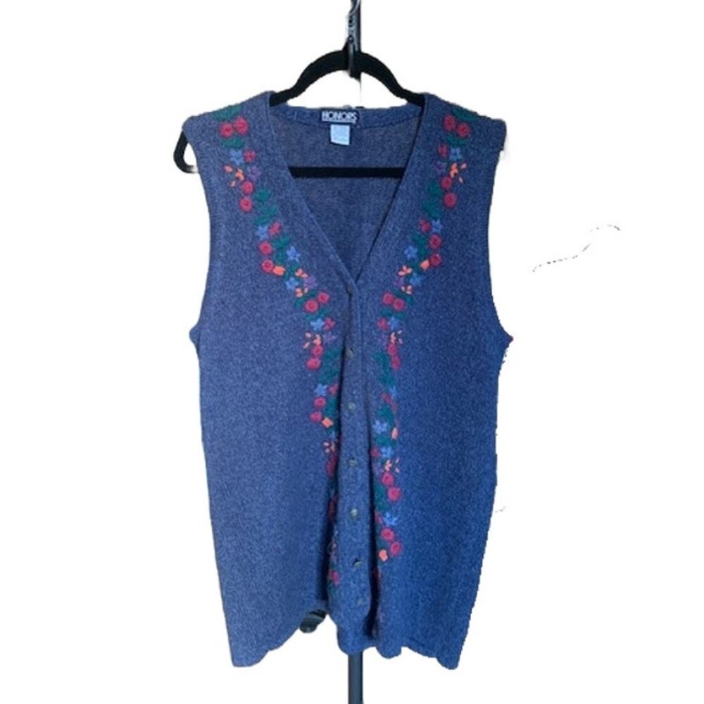 Honors‎ Vintage Blue Floral Embroidered Novelty Knit Sweater Vest Womens Large